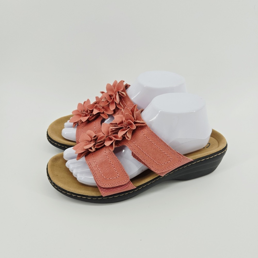Clarks Women's Merliah Raelyn Floral‎ Wedge Slide Sandal Leather Pink CORAL 10